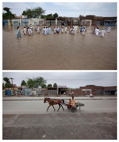 Los vecinos de Nowshera, al noroeste de Pakistán, vuelven a sus casas en agosto de 2010, cuando las aguas empiezan a retirarse; la carretera solo se adivina en la fotografía tomada un año más tarde. "Las donaciones no han llegado a Nowshera debida a la corrupción. Los funcionarios del Gobierno y las ONG de aquí son todas corrupta. Los paquistaníes han dejado de quererse por el dinero", se queja Umar Durrani, un vendedor de 24 años.