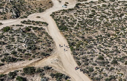Migrantes caminan cerca de un vehículo de la autoridad fronteriza, en Jacumba (California), el 13 de mayo.