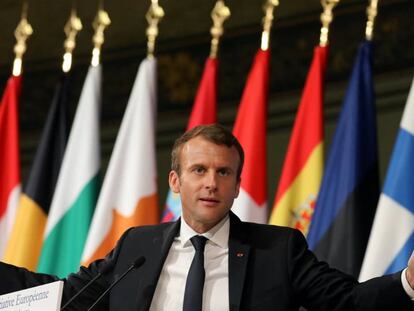 O presidente fracês, Emmanuel Macron, durante um discurso nesta terça-feira em Paris.