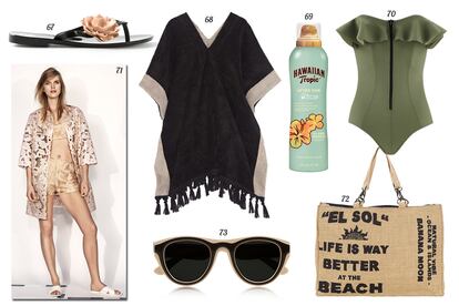 67. Melissa Flip flop de plástico con flor. 68. Lisa Marie Fernandez Katán bicolor de toalla con ribete de borlas de flecos. 69. Hawaiian Tropic After sun en crema de mango. 70. Lisa Marie Fernandez Bañador con volante en el escote y cremallera. 71. H&M. 72. Banana Moon en Spartoo.es Tote de tela de saco con leyenda. 73. Maison Martin Margiela Gafas de sol con montura de pasta bicolor.