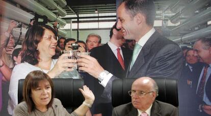 La exministra socialista de Medio Ambiente, Cristina Narbona, en 2008, durante el acoso del PP a las desaladoras, subraya las contradicciones del Consell respecto a estas infraestructuras ante una fotografía en la que Francisco Camps y Elvira Rodríguez brindaban con agua desalada.