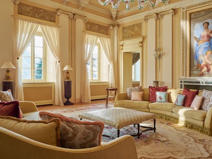 The living room area of the Bellini suite, one of the most luxurious at the Passalacqua Hotel. Italian composer Vincenzo Bellini lived here between 1829 and 1833.