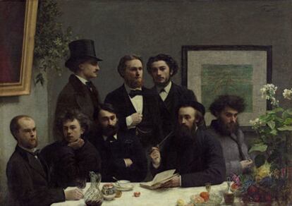 De izquierda a derecha: Paul Verlaine, Arthur Rimbaud, Elzear Bonnier, Leon Vallade, Émile Blémont, Jean Aicard, Ernst d´Hervilly y Camille Pelletan.