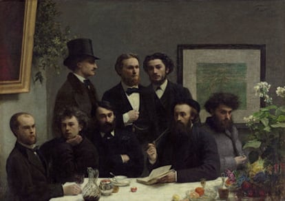 De izquierda a derecha: Paul Verlaine, Arthur Rimbaud, Elzear Bonnier, Leon Vallade, Émile Blémont, Jean Aicard, Ernst d´Hervilly y Camille Pelletan.