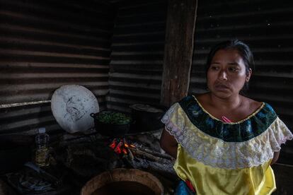 En La Frontera, un barrio pobre de Chilón, Rosa Méndez, de 38 años, cocina sobre el fogón unas hierbas que ella llama hojas de mora y que crecen de forma salvaje en las milpas. Mientras hierven sobre el fuego alto de la leña, Méndez explica que la variedad de alimentos se ha visto reducida para su familia desde que su esposo dejó de enviar dinero.