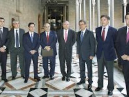 Enrique Ba&ntilde;uelos, Andreu Mas-Colell, Isidre Fain&eacute;, y Artur Mas el d&iacute;a de la presentaci&oacute;n de BCN World.