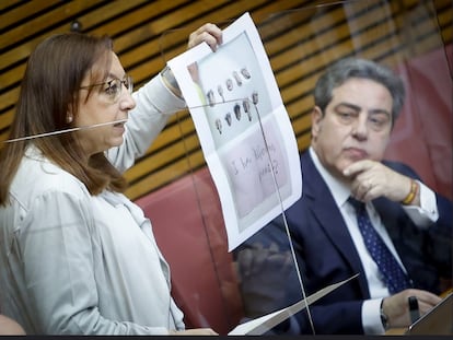 La presidenta de las Cortes valenciana, Llanos Massó, criticando la presencia de libros en los colegios que, según ha dicho, muestran imágenes de diferentes tipos de penes, en febrero de 2023.