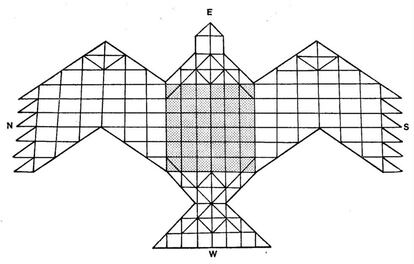 Diagrama del altar del Agnicayana, con forma de ave, registrado por el profesor Frits Staal, estudioso de los rituales védicos