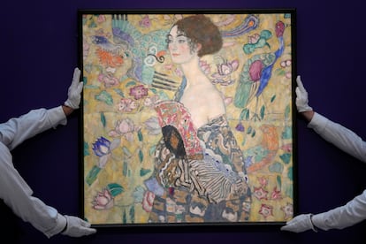 Gustav Klimt's 'Lady with a Fan' is displayed at Sotheby's auction rooms in London, Tuesday, June 20, 2023.