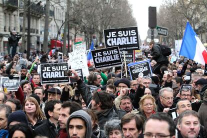 Manifestación en París en repulsa de los atentados contra el semanario satírico 'Charlie Hebdo', en enero de 2015.