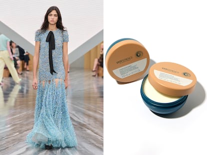 La modelo Loli Bahia con melena de sirena en el desfile de Dior, primavera-verano 2026. A la dcha., mascarillas ricas Conscious Curls, de la línea Eksperience, de REVLON PROFESSIONAL, que incorpora algas marinas micronizadas y espirulina.
