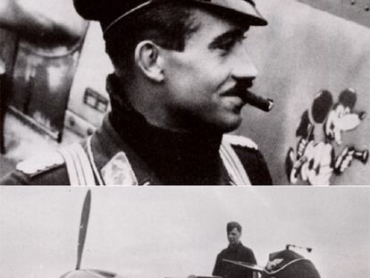 Arriba, Adolf Galland. Sobre estas líneas (a la derecha), Werner Mölders. Ambos posan junto a sus aviones.