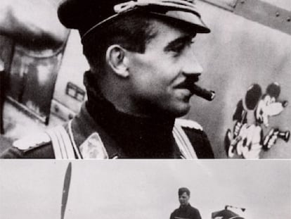 Arriba, Adolf Galland. Sobre estas líneas (a la derecha), Werner Mölders. Ambos posan junto a sus aviones.