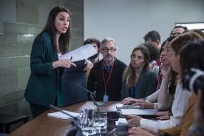 Irene Montero, en la rueda de prensa organizada tras el Consejo de Ministros donde se aprobó la ley de libertad sexual en marzo de 2020.