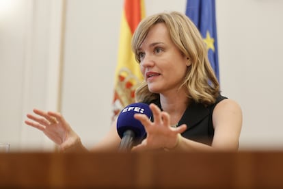 La portavoz de la Ejecutiva Federal del PSOE, Pilar Alegría, en una intervención el 2 de agosto.