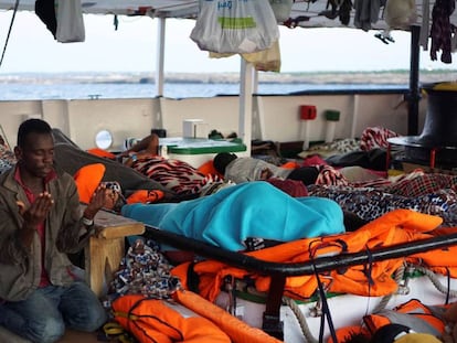 A migrant praying this morning on board the ‘Open Arms’ NGO rescue ship.