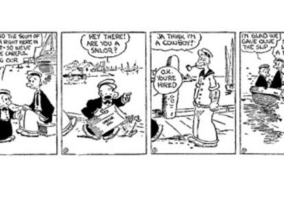 La tira del 17 de enero de 1929 de <i>Thimble Theatre,</i> de Elzie Crisler Segar, con la primera aparición de Popeye.