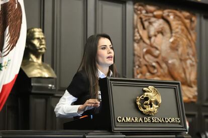 La senadora Verónica Delgadillo, de Movimiento Ciudadano, habla en la sesión. La legisladora ya estaba contagiada del virus y no lo sabía.