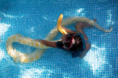 Una niña juega con su mascota en su piscina en Israel.