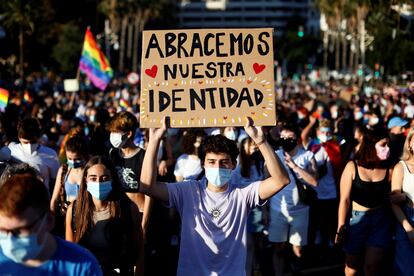 GRAFCVA6721. VALENCIA, 28/06/2021.- Un joven lleva una pancarta con el lema "Abracemos nuestra identidad" durante la manifestación del Orgull LGTB+ bajo el lema Els drets trans són drets humans, que reclama al Gobierno una ley trans estatal. EFE/Biel Aliño