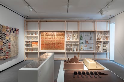 A room in the “Before America” exhibit at the Juan March Foundation features ceramics and textiles.