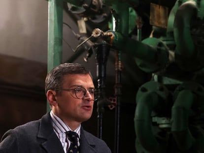 Ukrainian Foreign Minister Dmytro Kuleba during a press conference at a bomb shelter in Kyiv on January 7.