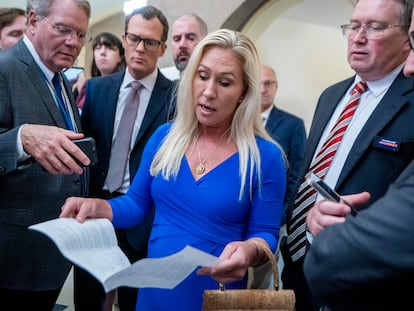 Republican Representative from Georgia Marjorie Taylor Greene (C) responds to a question from the news media prior to a meeting with US Speaker of the House Mike Johnson in the US Capitol in Washington, DC, USA, 07 May 2024.