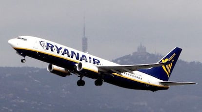 A Ryanair flight takes off from El Prat airport in Barcelona.