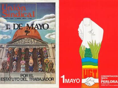 Algunos de los carteles expuestos en la muestra &#039;El 1&ordm; de mayo y la democracia (1975-1985)&#039;.