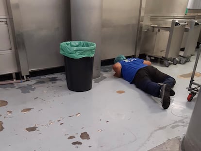 Un trabajador de la empresa encargada de eliminar las ratas en la cocina del hospital Gregorio Marañón, en una imagen facilitada por un auxiliar de cocina.