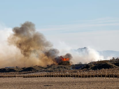 Vista general del incendio forestal declarado a primera hora de la tarde del lunes en El Saler, en Valencia, que obligó a desalojar cinco edificios en la zona.