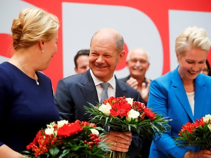 Olaf Scholz, candidato socialdemócrata a las elecciones del 26 de septiembre, el lunes en la sede del partido en Berlín.