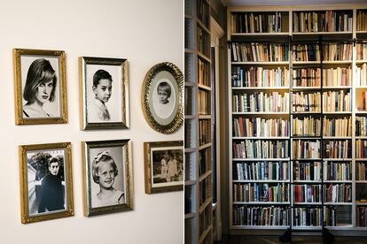 Fotografías de su familia en el salón y una imagen de su inmensa biblioteca.