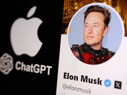 La foto de perfil de Elon Musk en X, junto a los logotipos de Apple y ChatGPT, en una ilustración.