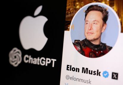 La foto de perfil de Elon Musk en X, junto a los logotipos de Apple y ChatGPT, en una ilustración.