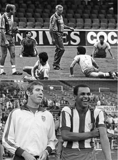 Arriba Luis Aragonés entrenando al Barça y abajo, con el brasileño Luiz Pereira.