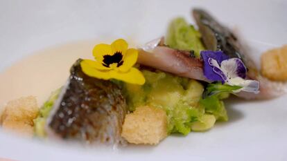 Sopa ligera de espárragos con sardinas marinadas y guacamole.