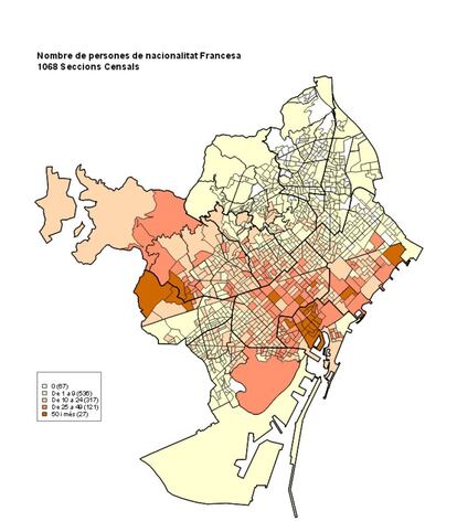 Els col.lectius més nombrosos. Nombre de persones de nacionalitat francesa, per seccions censals. 