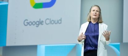 Diane Greene, CEO de Google Cloud, durante su conferencia en la charla principal de la feria Next 2018 en Londres. 