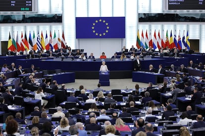 Ursula von der Leyen, este jueves durante su intervención en el plenario del Parlamento Europeo en Estrasburgo.