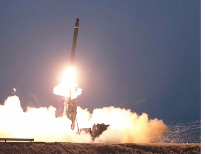 This image made from video broadcasted by North Korea's KRT shows what it says is a ballistic missile being launched from an undisclosed location in North Korea, Monday, Feb. 20, 2023.
