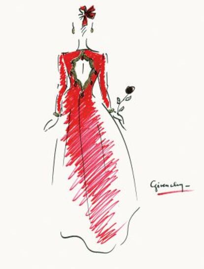 Boceto de un vestido rojo de 1975 realizado por Givenchy en la actualidad