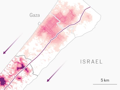 Los mapas del éxodo en Gaza: 600.000 personas huyen por una carretera de 45 kilómetros