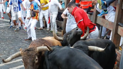 Uno de los mozos es embestido por uno de los toros de la ganadería gaditana de La Palmosilla, este domingo en Pamplona.