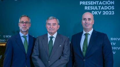 Javier cubría, director general financiero; Javier Vega de Seoane, presidente, y Fernando Campos, consejero delegado, durante el acto de presentación de resultados de la compañía del ejercicio 2023.
