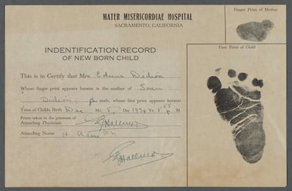 Certificado de nacimiento de Joan Didion, el 5 de diciembre de 1934 en el Mater Misericordiae Hospital de Sacramento.