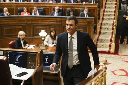 El secretario general del PSOE, Pedro Sánchez, después de su discurso en defensa de la moción de censura.