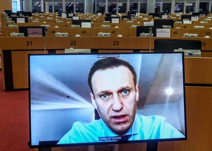 Participación por videoconferencia de Alexéi Navalni en una sesión de la comisión de Asuntos Exteriores del Parlamento Europeo el mes pasado.
