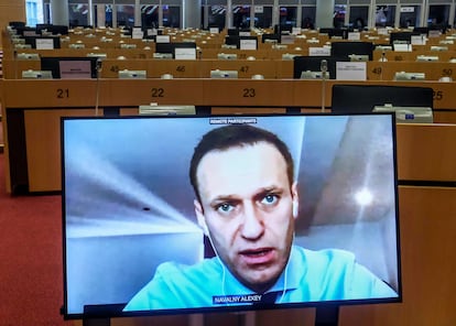 Participación por videoconferencia de Alexéi Navalni en una sesión de la comisión de Asuntos Exteriores del Parlamento Europeo el mes pasado.