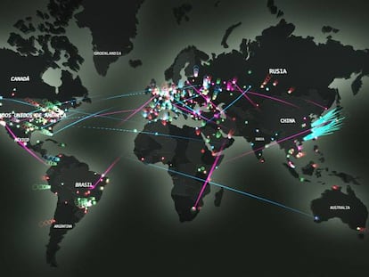 Mapa de ciberataques en tiempo real de la empresa de antivirus Kaspersky.